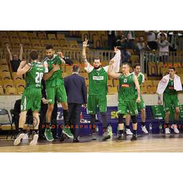 Bojan Radulovic and Gregor Hrovat in action during Nova KBM league basketball match between Ilirija and Petrol Olimpija in Hala Tivoli, Ljubljana, Slovenia on April 15, 2018