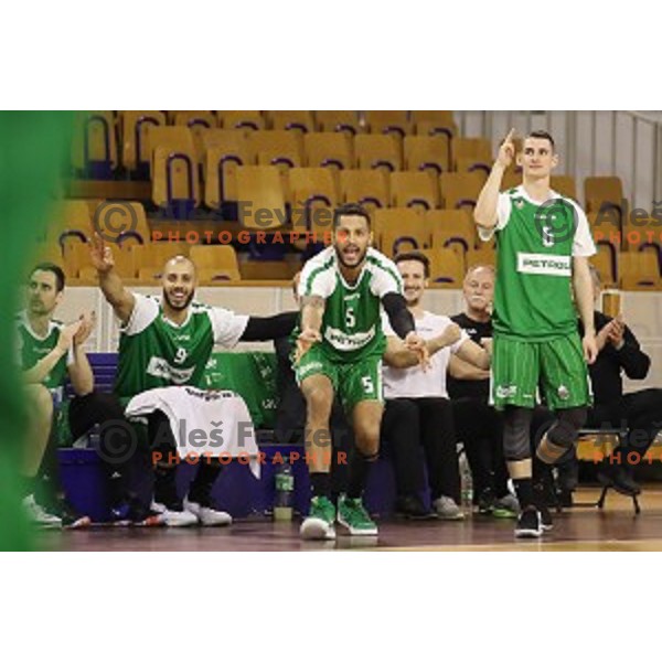 in action during Nova KBM league basketball match between Ilirija and Petrol Olimpija in Hala Tivoli, Ljubljana, Slovenia on April 15, 2018