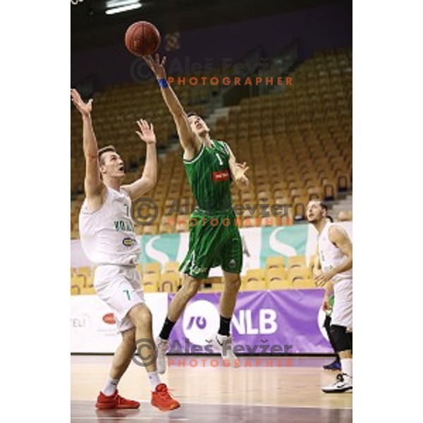 in action during Nova KBM league basketball match between Ilirija and Petrol Olimpija in Hala Tivoli, Ljubljana, Slovenia on April 15, 2018