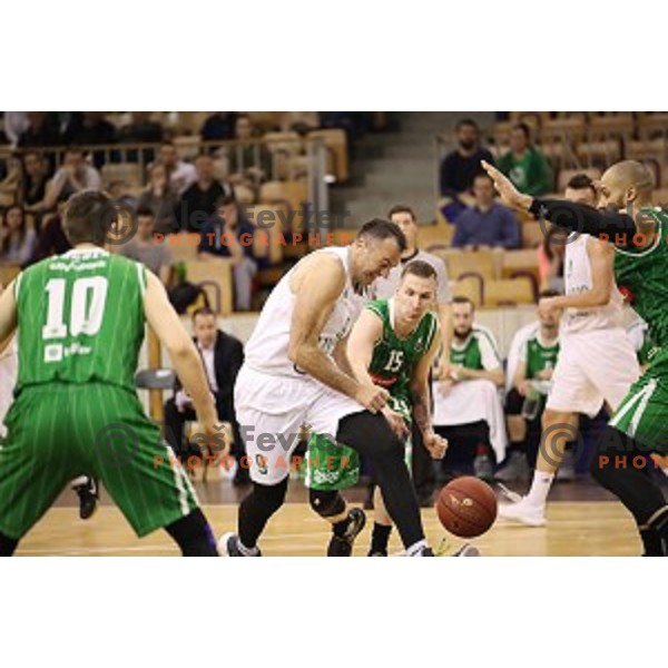Jasmin Hukic in action during Nova KBM league basketball match between Ilirija and Petrol Olimpija in Hala Tivoli, Ljubljana, Slovenia on April 15, 2018