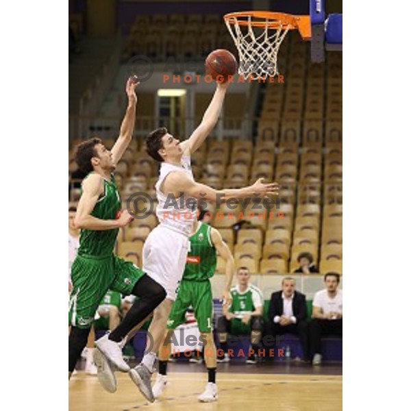 in action during Nova KBM league basketball match between Ilirija and Petrol Olimpija in Hala Tivoli, Ljubljana, Slovenia on April 15, 2018