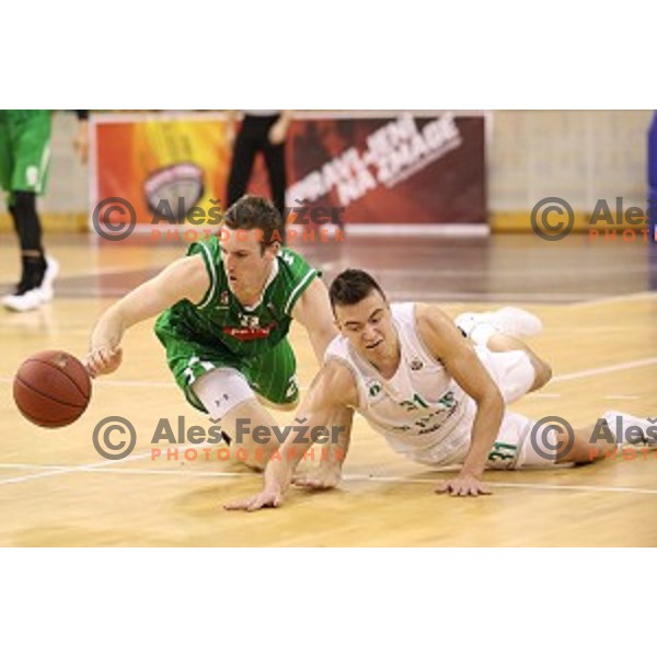Mitchell McCarron and Zan Mark Sisko in action during Nova KBM league basketball match between Ilirija and Petrol Olimpija in Hala Tivoli, Ljubljana, Slovenia on April 15, 2018