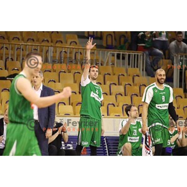 Igor Tratnik and Jordan Morgan in action during Nova KBM league basketball match between Ilirija and Petrol Olimpija in Hala Tivoli, Ljubljana, Slovenia on April 15, 2018