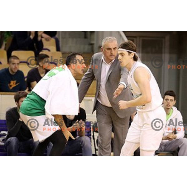 Jasmin Hukic, Sasa Doncic and Luka Voncina in action during Nova KBM league basketball match between Ilirija and Petrol Olimpija in Hala Tivoli, Ljubljana, Slovenia on April 15, 2018