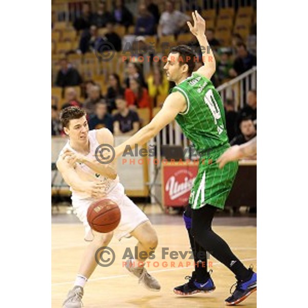 in action during Nova KBM league basketball match between Ilirija and Petrol Olimpija in Hala Tivoli, Ljubljana, Slovenia on April 15, 2018