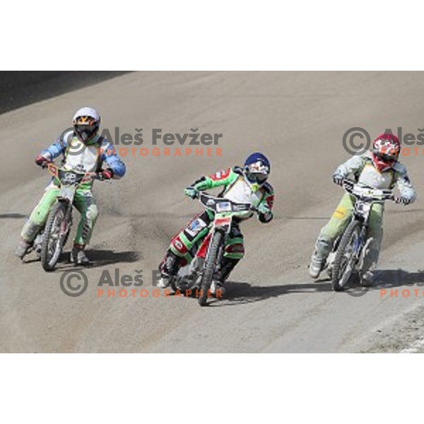 Matic Ivacic (red) and Nick Skorja (blue) race during Speedway second race for National Championship in Ljubljana, Slovenia on April 14, 2018