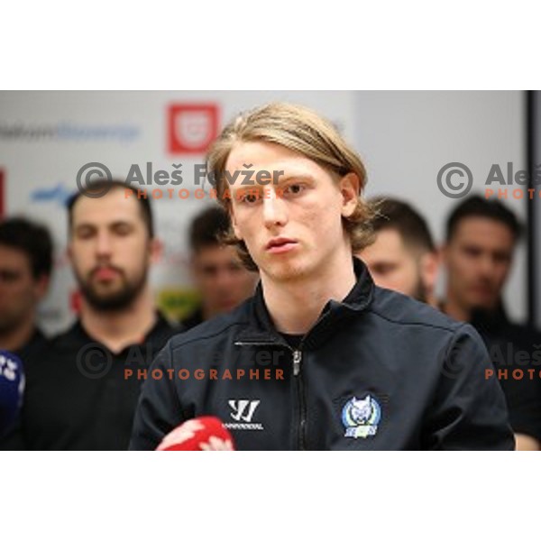 Jan Drozg of Slovenia Ice Hockey team during press conference at Bled before departure to World Championships on April 17, 2018