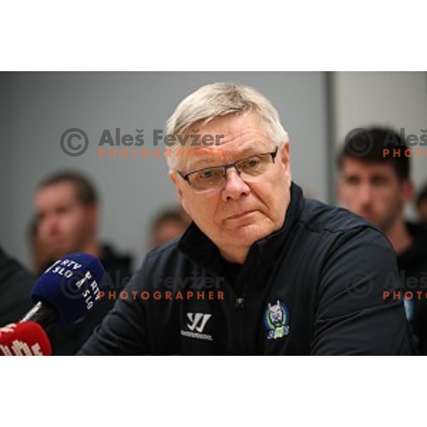 Kari Savolainen, head coach of Slovenia Ice Hockey team during press conference at Bled before departure to World Championships on April 17, 2018