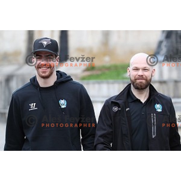 Miha Verlic and Andrej Hebar of Slovenia Ice Hockey team during press conference at Bled before departure to World Championships on April 17, 2018