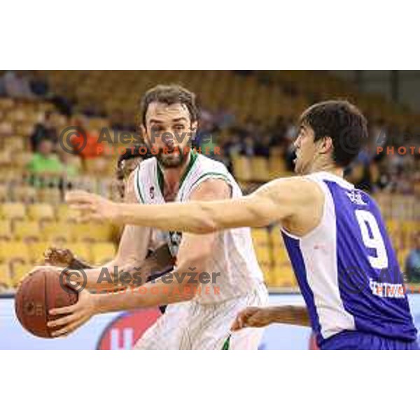 Mirza Begic and Milos Pesic in action during Nova KBM league basketball match between Petrol Olimpija and Sentjur in Tivoli Hall, Ljubljana, Slovenia on April 18, 2018