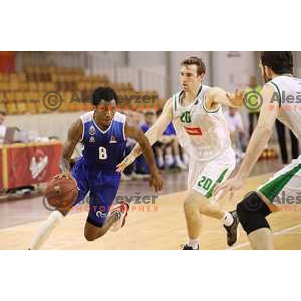 Mitchell McCarron and Corey Allen Jr.in action during Nova KBM league basketball match between Petrol Olimpija and Sentjur in Tivoli Hall, Ljubljana, Slovenia on April 18, 2018