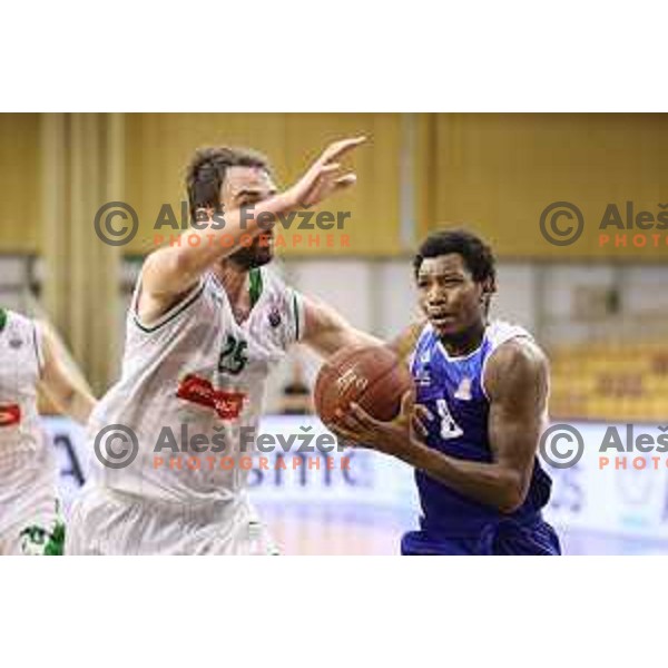 Mirza Begic and Corey Allen Jr.in action during Nova KBM league basketball match between Petrol Olimpija and Sentjur in Tivoli Hall, Ljubljana, Slovenia on April 18, 2018