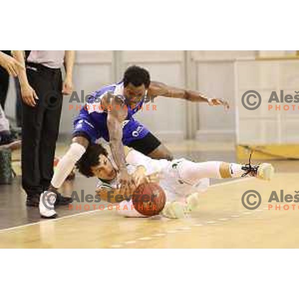 Issuf Sanon and Corey Allen Jr.in action during Nova KBM league basketball match between Petrol Olimpija and Sentjur in Tivoli Hall, Ljubljana, Slovenia on April 18, 2018
