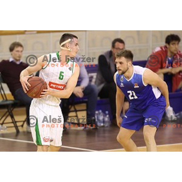 Jan Span and Marko Popadic in action during Nova KBM league basketball match between Petrol Olimpija and Sentjur in Tivoli Hall, Ljubljana, Slovenia on April 18, 2018