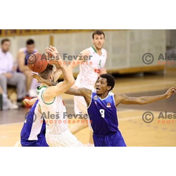 Drazen Bubnic and Corey Allen Jr.in action during Nova KBM league basketball match between Petrol Olimpija and Sentjur in Tivoli Hall, Ljubljana, Slovenia on April 18, 2018