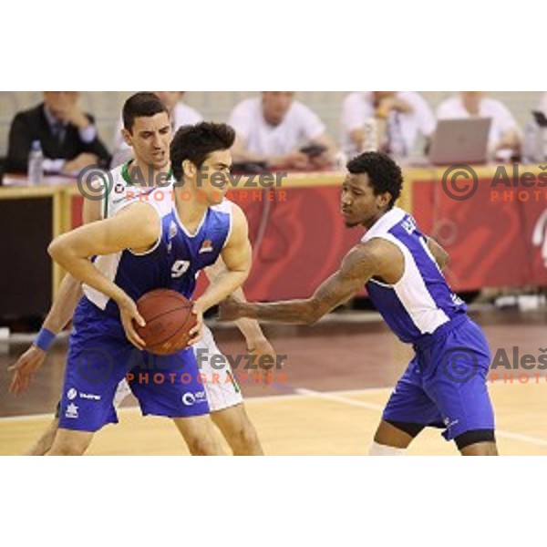 Milos Pesic and Corey Allen Jr.in action during Nova KBM league basketball match between Petrol Olimpija and Sentjur in Tivoli Hall, Ljubljana, Slovenia on April 18, 2018