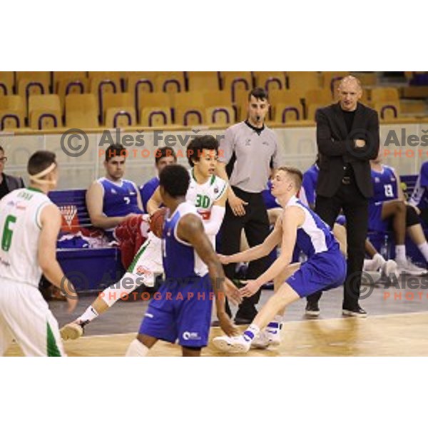 Issuf Sanon and Ziga Debelak in action during Nova KBM league basketball match between Petrol Olimpija and Sentjur in Tivoli Hall, Ljubljana, Slovenia on April 18, 2018