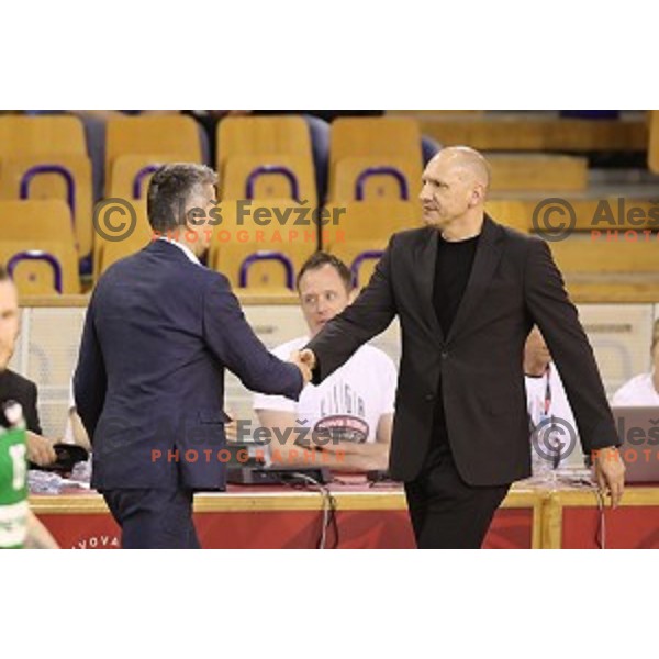 Zoran Martic and Jaksa Vulic during Nova KBM league basketball match between Petrol Olimpija and Sentjur in Tivoli Hall, Ljubljana, Slovenia on April 18, 2018