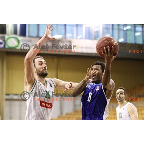 Mirza Begic and Corey Allen Jr.in action during Nova KBM league basketball match between Petrol Olimpija and Sentjur in Tivoli Hall, Ljubljana, Slovenia on April 18, 2018