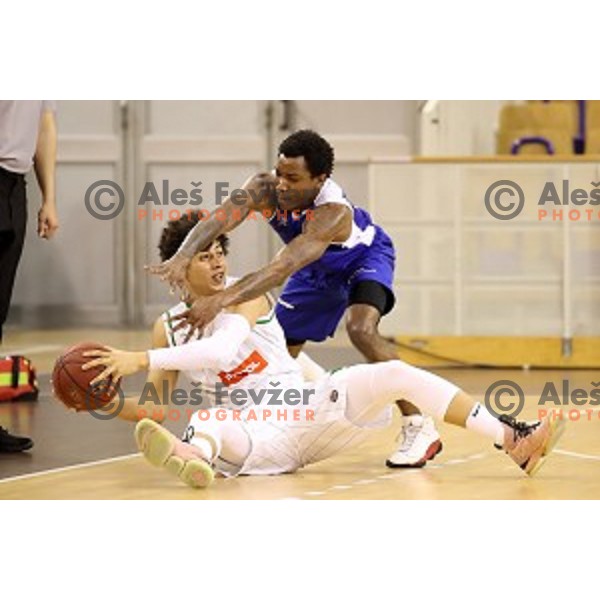 Issuf Sanon and Corey Allen Jr.in action during Nova KBM league basketball match between Petrol Olimpija and Sentjur in Tivoli Hall, Ljubljana, Slovenia on April 18, 2018