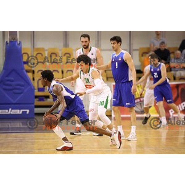 Issuf Sanon and Corey Allen Jr.in action during Nova KBM league basketball match between Petrol Olimpija and Sentjur in Tivoli Hall, Ljubljana, Slovenia on April 18, 2018