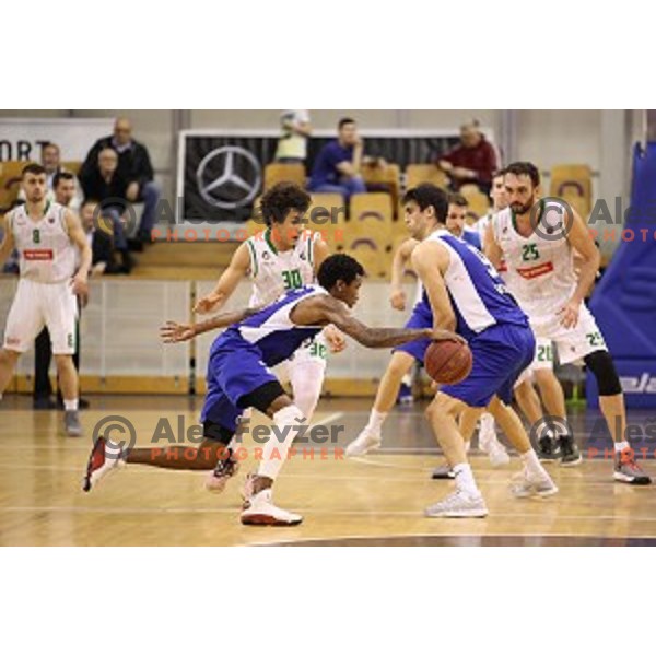 Issuf Sanon and Corey Allen Jr.in action during Nova KBM league basketball match between Petrol Olimpija and Sentjur in Tivoli Hall, Ljubljana, Slovenia on April 18, 2018