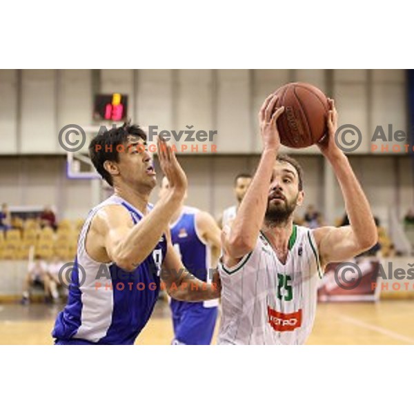 Mirza Begic and Milos Pesic in action during Nova KBM league basketball match between Petrol Olimpija and Sentjur in Tivoli Hall, Ljubljana, Slovenia on April 18, 2018