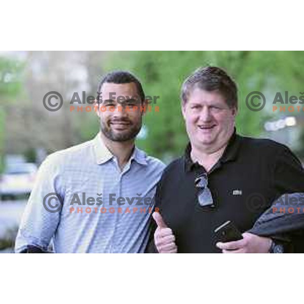 Trajan Langdon, ex CSKA player and NBA scout and Roman Lisac after Nova KBM league basketball match between Petrol Olimpija and Sentjur in Tivoli Hall, Ljubljana, Slovenia on April 18, 2018
