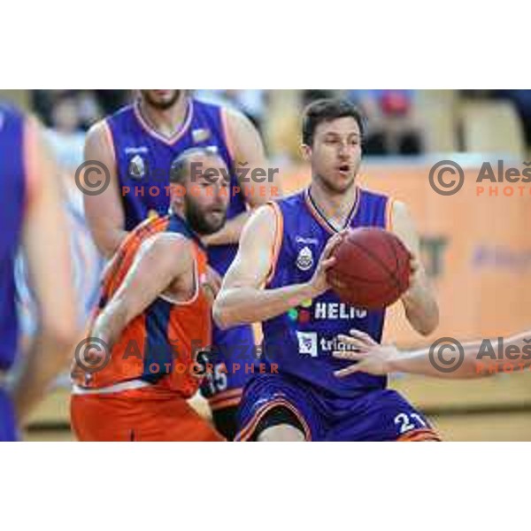 Nebojsa Joksimovic and Blaz Mahkovic in action during Nova KBM league basketball match between Sixt Primorska-Helios Suns in Arena Bonifika in Koper, Slovenia on April 21, 2018