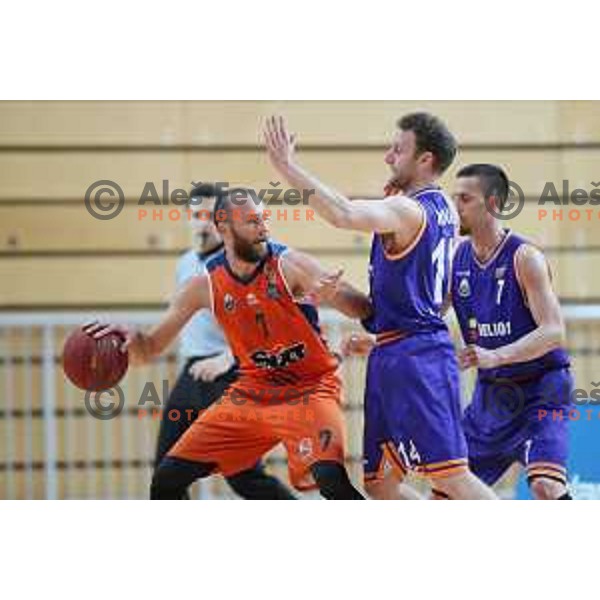 Nebojsa Joksimovic and Jure Mocnik in action during Nova KBM league basketball match between Sixt Primorska-Helios Suns in Arena Bonifika in Koper, Slovenia on April 21, 2018
