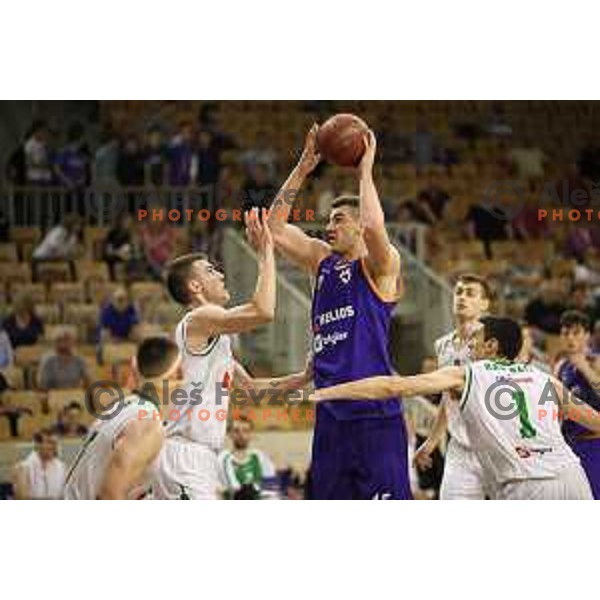 of Petrol Olimpija in action during Nova KBM league basketball match between Petrol Olimpija and Helios Suns in Tivoli Hall, Ljubljana on April 25, 2018