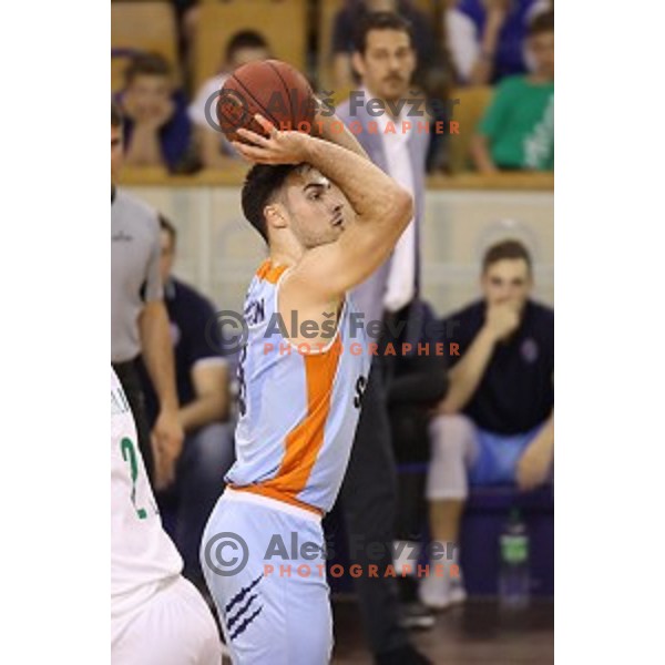 in action during Nova KBM league basketball match between Ilirija and Sixt Primorska in Tivoli Hall, Ljubljana, Slovenia on April 25, 2018