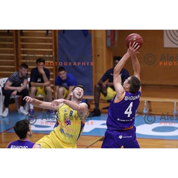 Ramo Rizvic of Sencur GGD and Jaka Brodnik of Helios Suns in action during Nova KBM league basketball match between Sencur GGD and Helios Suns in Sencur Sports Hall, Slovenia on April 30, 2018