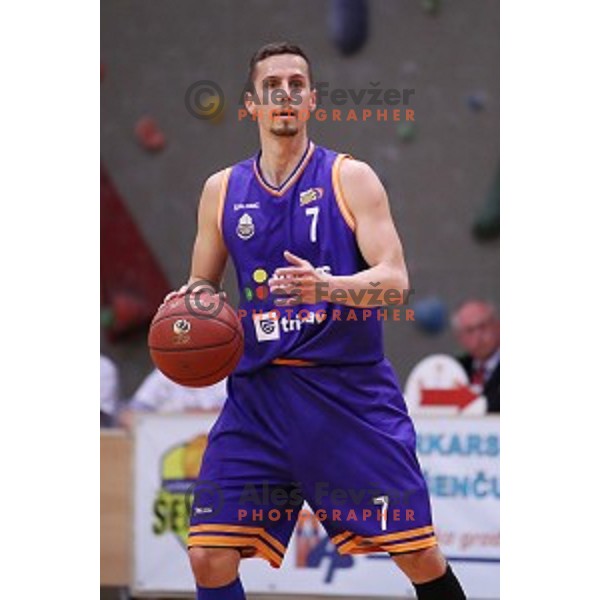 Jure Pelko of Helios Suns in action during Nova KBM league basketball match between Sencur GGD and Helios Suns in Sencur Sports Hall, Slovenia on April 30, 2018