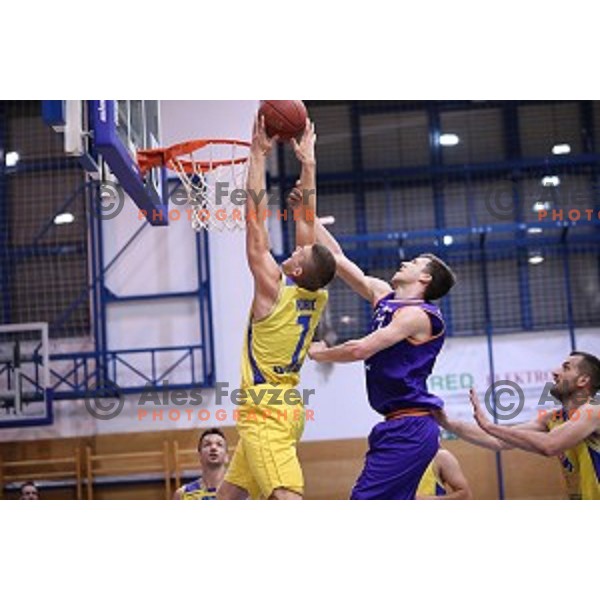 Blaz Mahkovic of Helios Suns in action during Nova KBM league basketball match between Sencur GGD and Helios Suns in Sencur Sports Hall, Slovenia on April 30, 2018