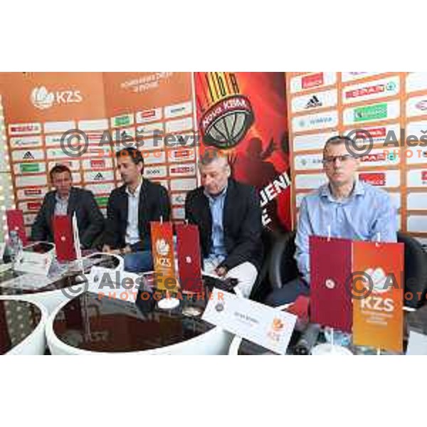 Simon Petrov, Jurica Golemac, Damjan Novakovic and Zoran Martic at press conference before semi-final of Nova KBM league in Ljubljana, Slovenia on May 8, 2018