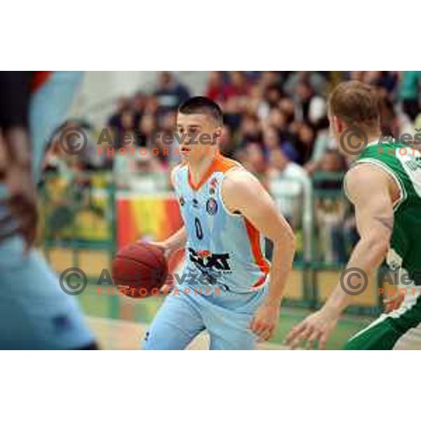 Matic Rebec in action during semi-final of Nova KBM league basketball match between Krka and Sixt Primorska in Novo Mesto, Slovenia on May 12, 2018
