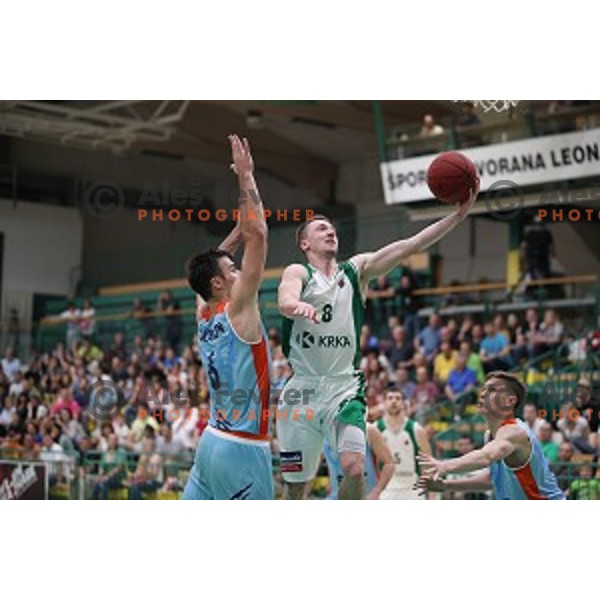 Domen Bratoz in action during semi-final of Nova KBM league basketball match between Krka and Sixt Primorska in Novo Mesto, Slovenia on May 12, 2018