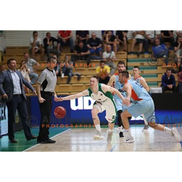 Domen Bratoz in action during semi-final of Nova KBM league basketball match between Krka and Sixt Primorska in Novo Mesto, Slovenia on May 12, 2018