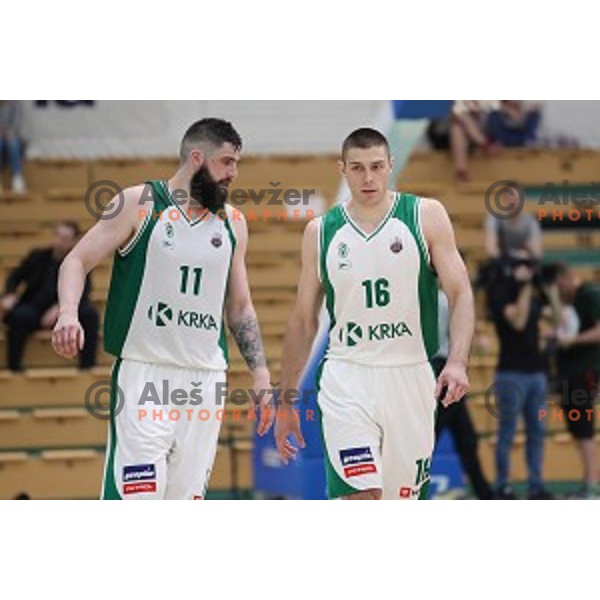 Ziga Dimec and Marko Josilo in action during semi-final of Nova KBM league basketball match between Krka and Sixt Primorska in Novo Mesto, Slovenia on May 12, 2018