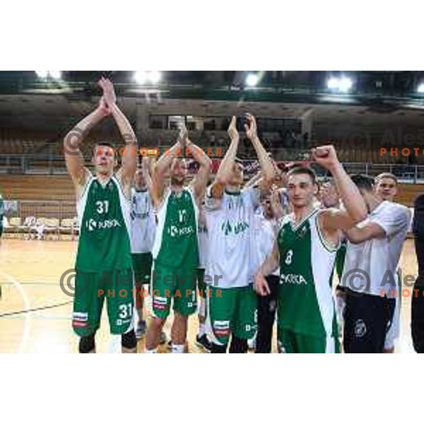 Ziga Fifolt, Sasa Zagorac and Domen Bratoz during semi-final of Nova KBM league basketball match between Sixt Primorska and Krka in Koper, Slovenia on May 14, 2018