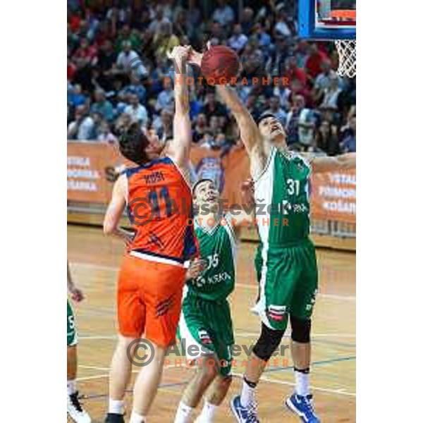 Jan Kosi and Ziga Fifolt in action during semi-final of Nova KBM league basketball match between Sixt Primorska and Krka in Koper, Slovenia on May 14, 2018
