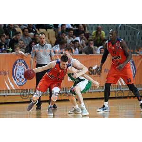 Matic Rebec and Domen Bratoz in action during semi-final of Nova KBM league basketball match between Sixt Primorska and Krka in Koper, Slovenia on May 14, 2018