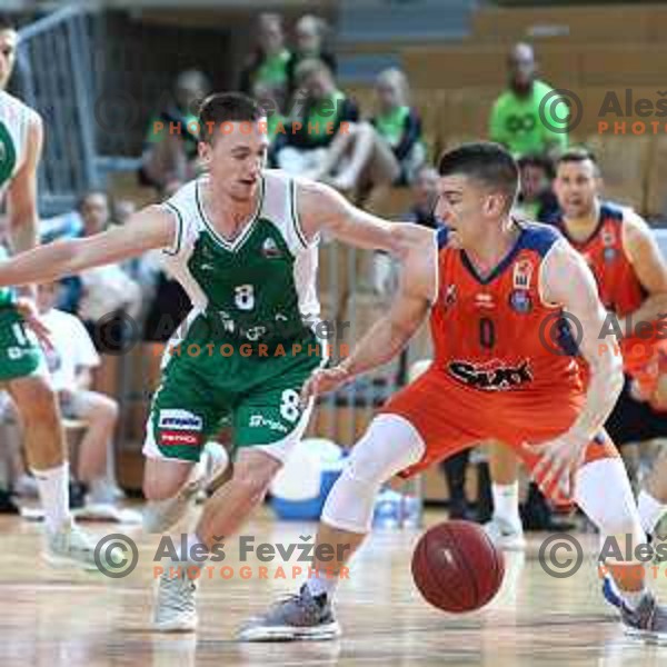 Matic Rebec and Domen Bratoz in action during semi-final of Nova KBM league basketball match between Sixt Primorska and Krka in Koper, Slovenia on May 14, 2018