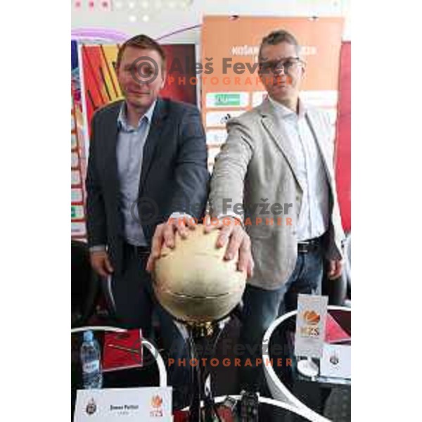 Simon Petrov, head coach of Krka and Zoran Martic, head coach of Olimpija during press conference before the Final of Nova KBM league in Ljubljana, Slovenia on May 17, 2018