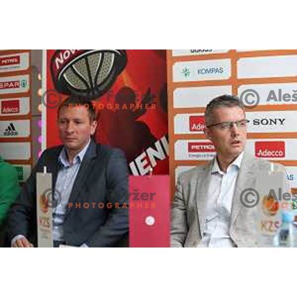 Simon Petrov, head coach of Krka and Zoran Martic, head coach of Olimpija during press conference before the Final of Nova KBM league in Ljubljana, Slovenia on May 17, 2018
