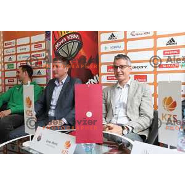 Simon Petrov, head coach of Krka and Zoran Martic, head coach of Olimpija during press conference before the Final of Nova KBM league in Ljubljana, Slovenia on May 17, 2018