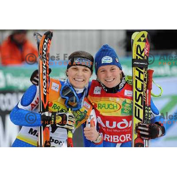 Manuela Moelgg and Denise Karbon after second run of 44.Golden Fox Audi FIS Alpine Ski World Cup Giant Slalom in Maribor11.1.2007. Photo by Ales Fevzer 