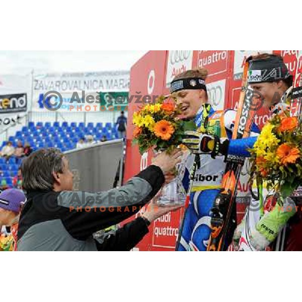 Danilo Turk, president of Slovenia giving flowers to Manuela Moelgg after second run of 44.Golden Fox Audi FIS Alpine Ski World Cup Giant Slalom in Maribor11.1.2007. Photo by Ales Fevzer 