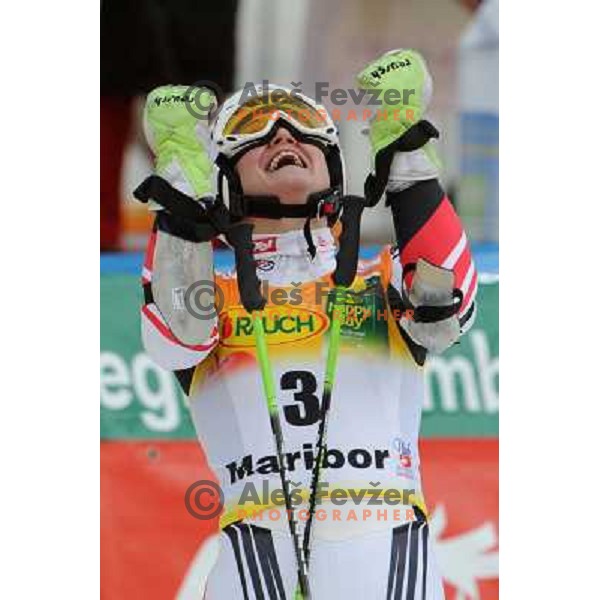 Elisabeth Goergl celebrates victory at 44.Golden Fox Audi FIS Alpine Ski World Cup Giant Slalom in Maribor11.1.2007. Photo by Ales Fevzer 